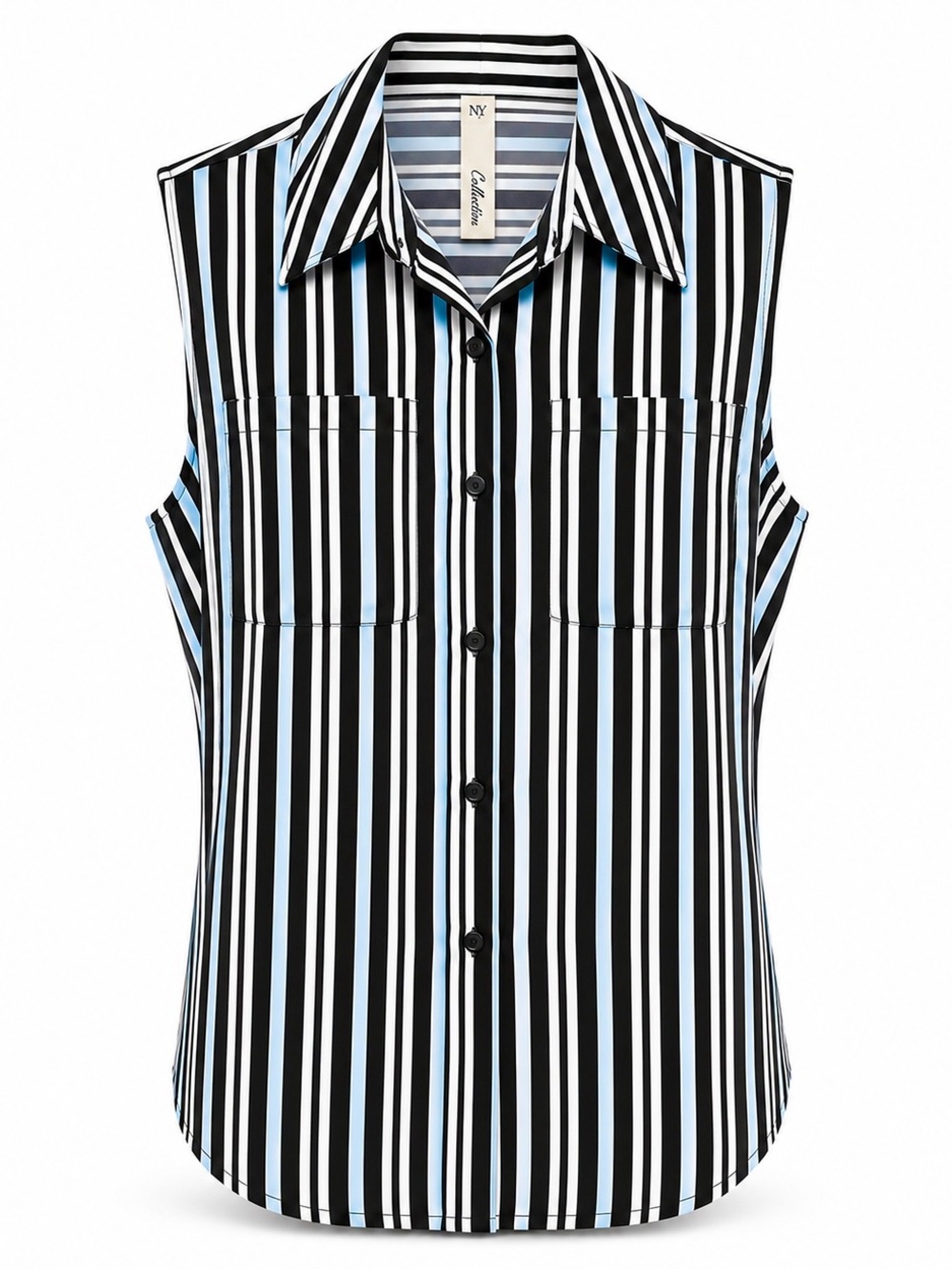 NY Collection | Sleeveless Striped Button Front Blouse | Black White Blue